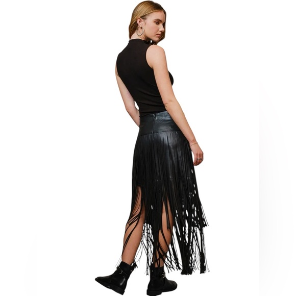 New blue b Black Faux Leather Tiered Carwash Fringe Festival Western Mini Skirt - Picture 5 of 7